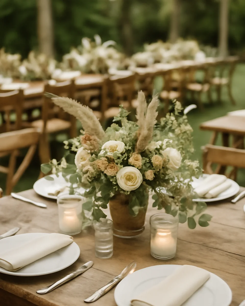 A table centrepiece of cream roses, foliage and pampas grass beside candles