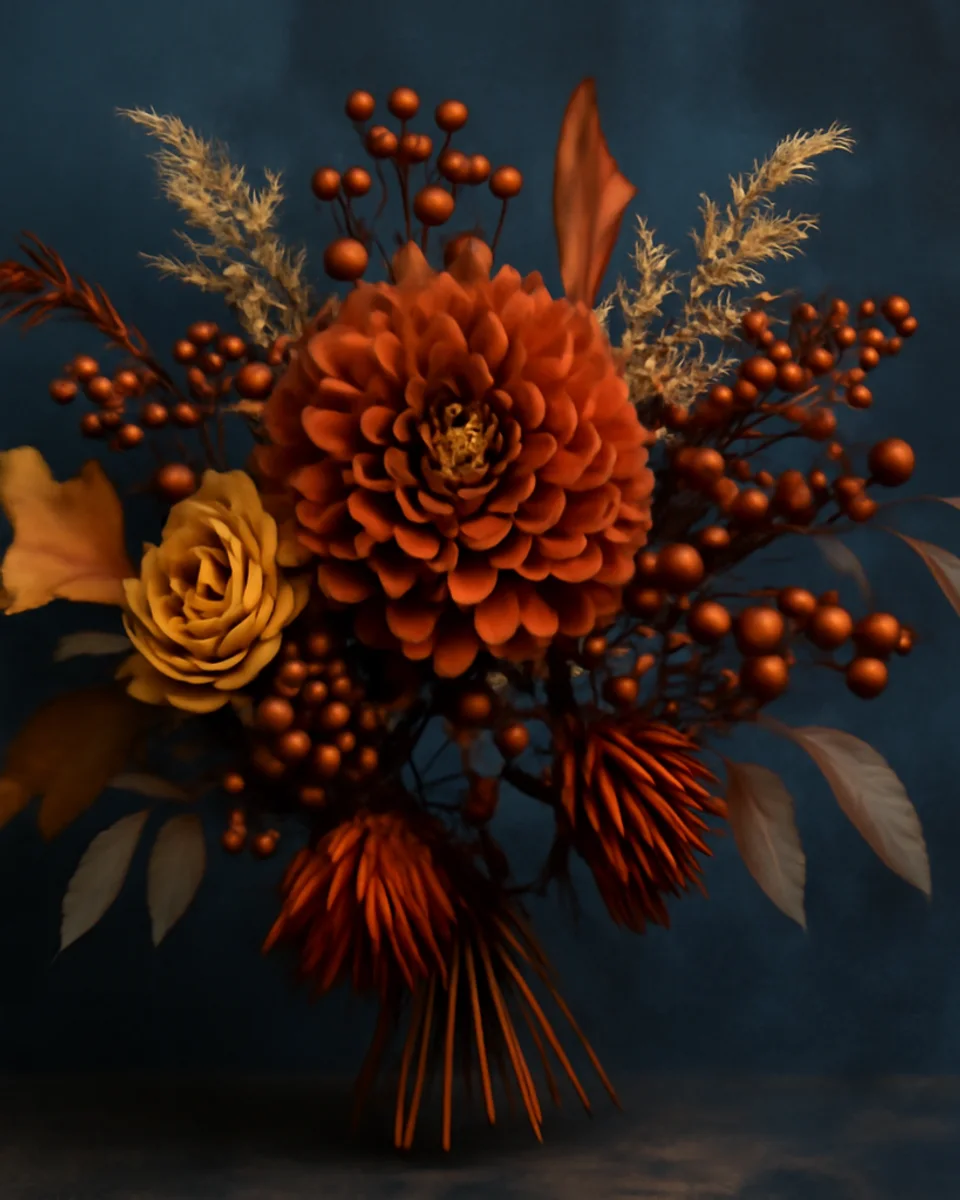 An autumn bouquet of burnt-orange blooms and berries against a deep blue backdrop